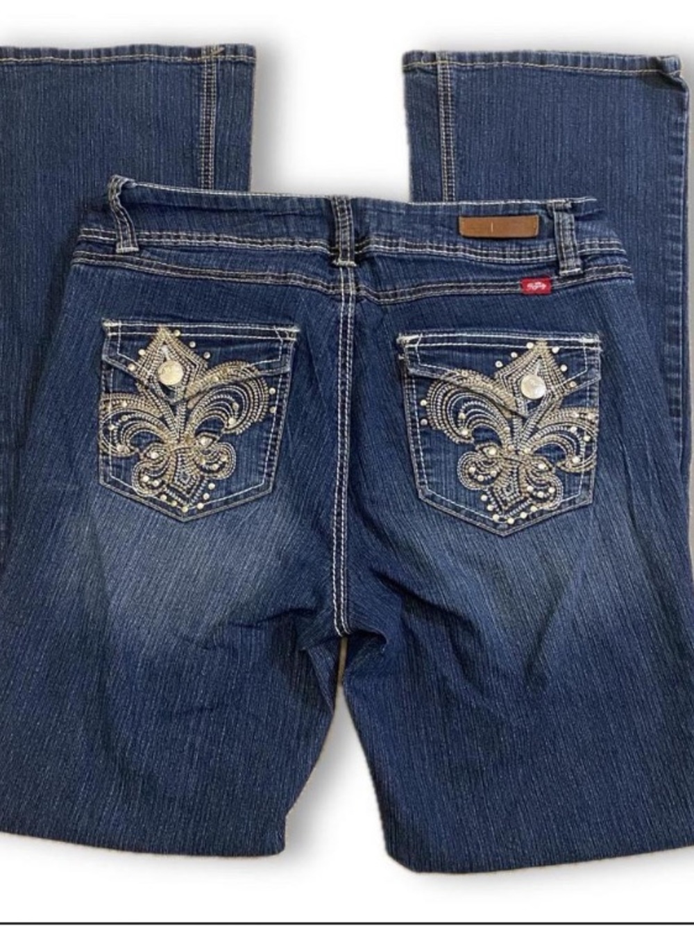 VINTAGE - ePretty Dark Blue Boot Cut Jeans with Embellished Fleur-de-Lis Pockets
